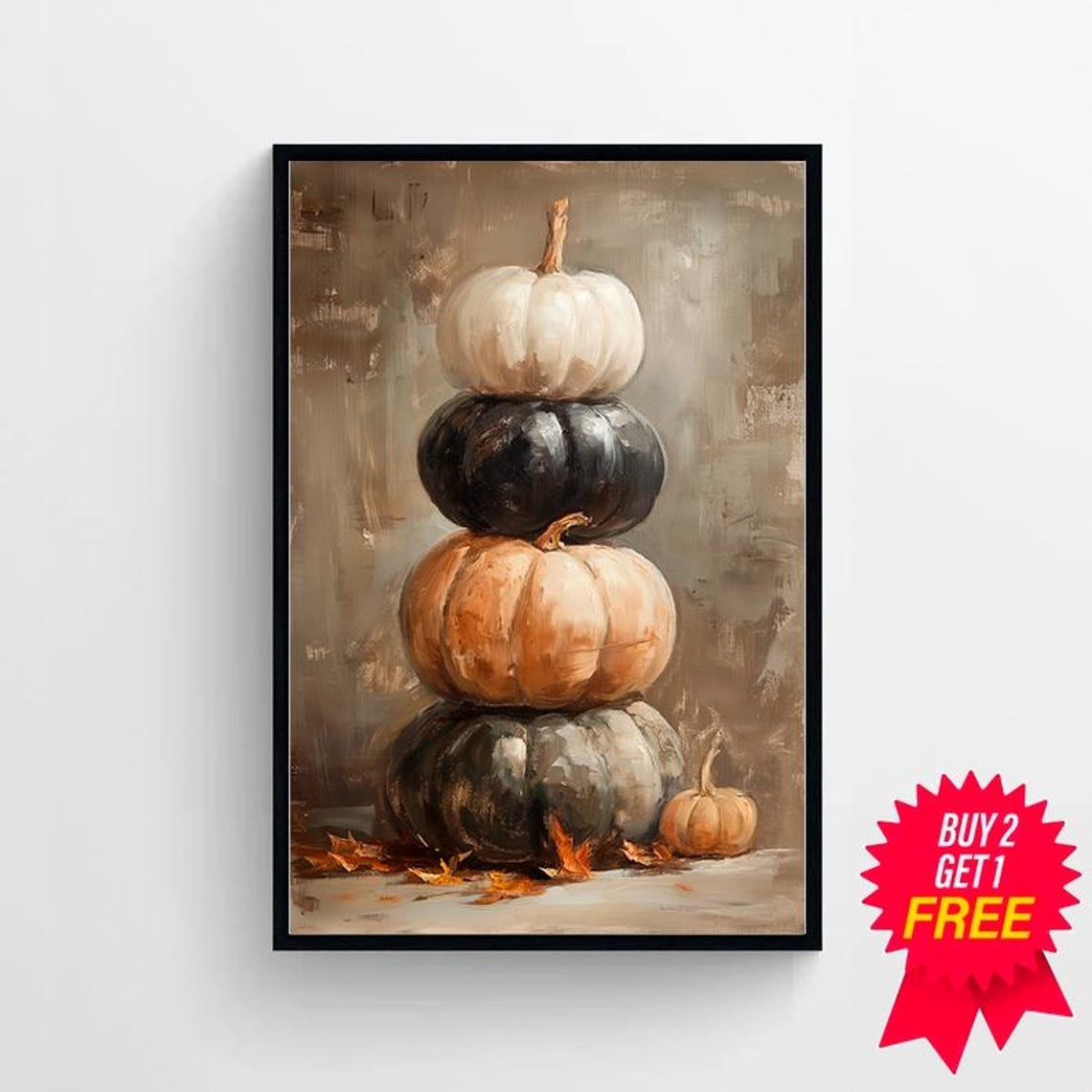 Stacked Pumpkins in White Black and Beige Fall Harvest Poster - Image 4