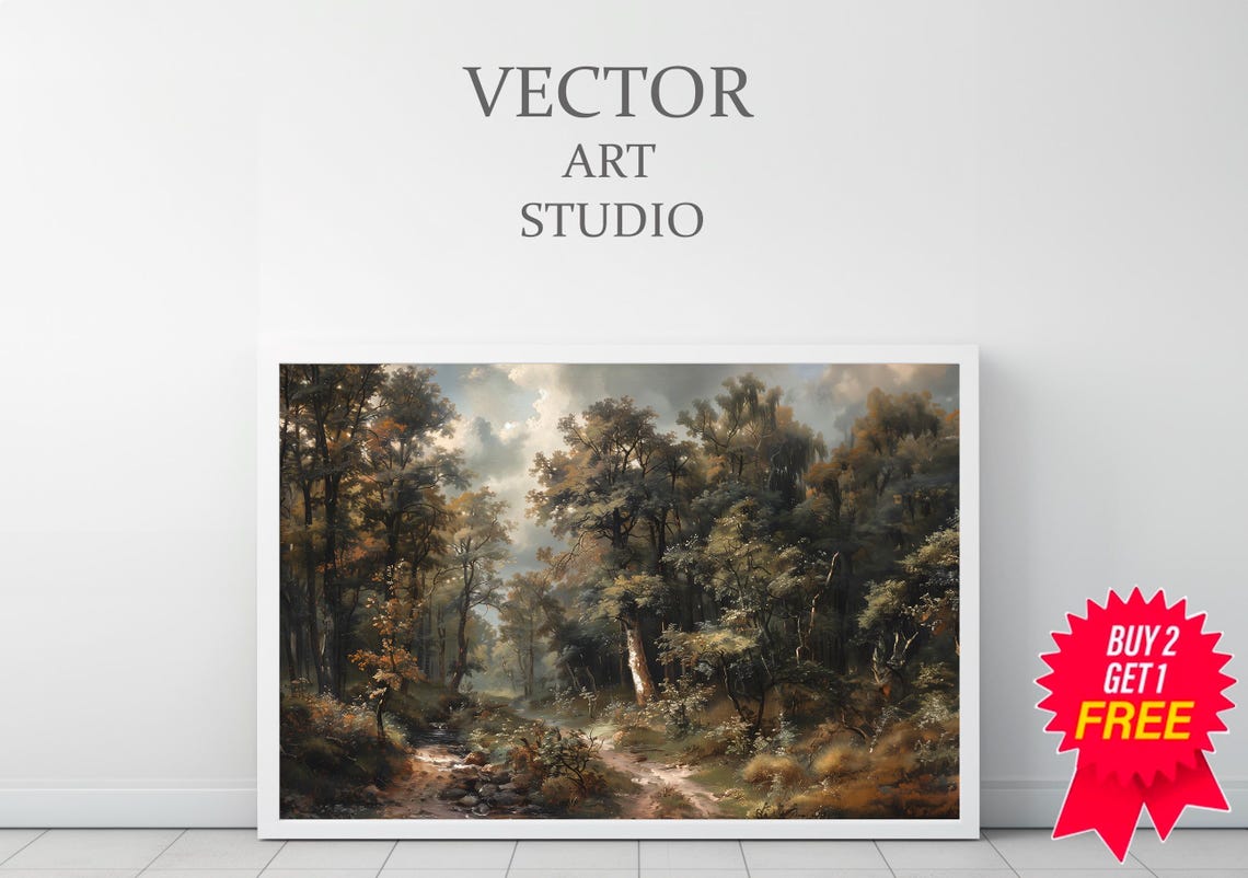 Vintage Forest Path with Dappled Light Dark Oil Painting Poster - Image 3