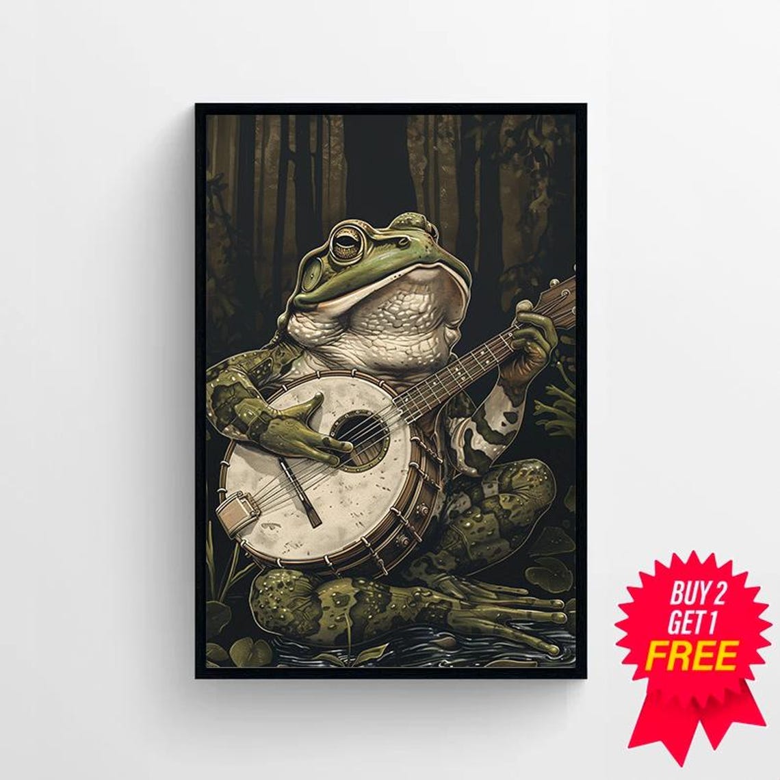 Frog Playing Banjo in a Dark Forest Vintage Style Musical Art Poster - Image 4