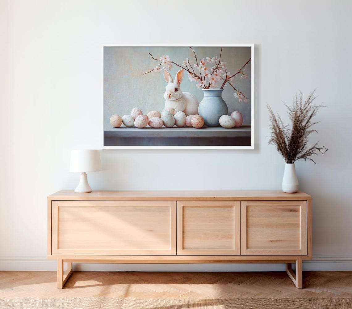 White Bunny with Easter Eggs and Cherry Blossom Spring Poster - Image 2