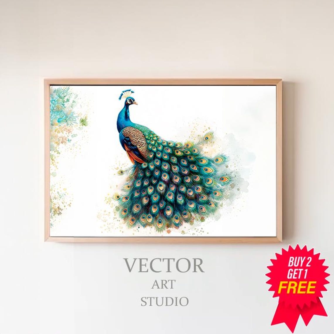 Elegant Watercolor Peacock Standing on a White Background Poster