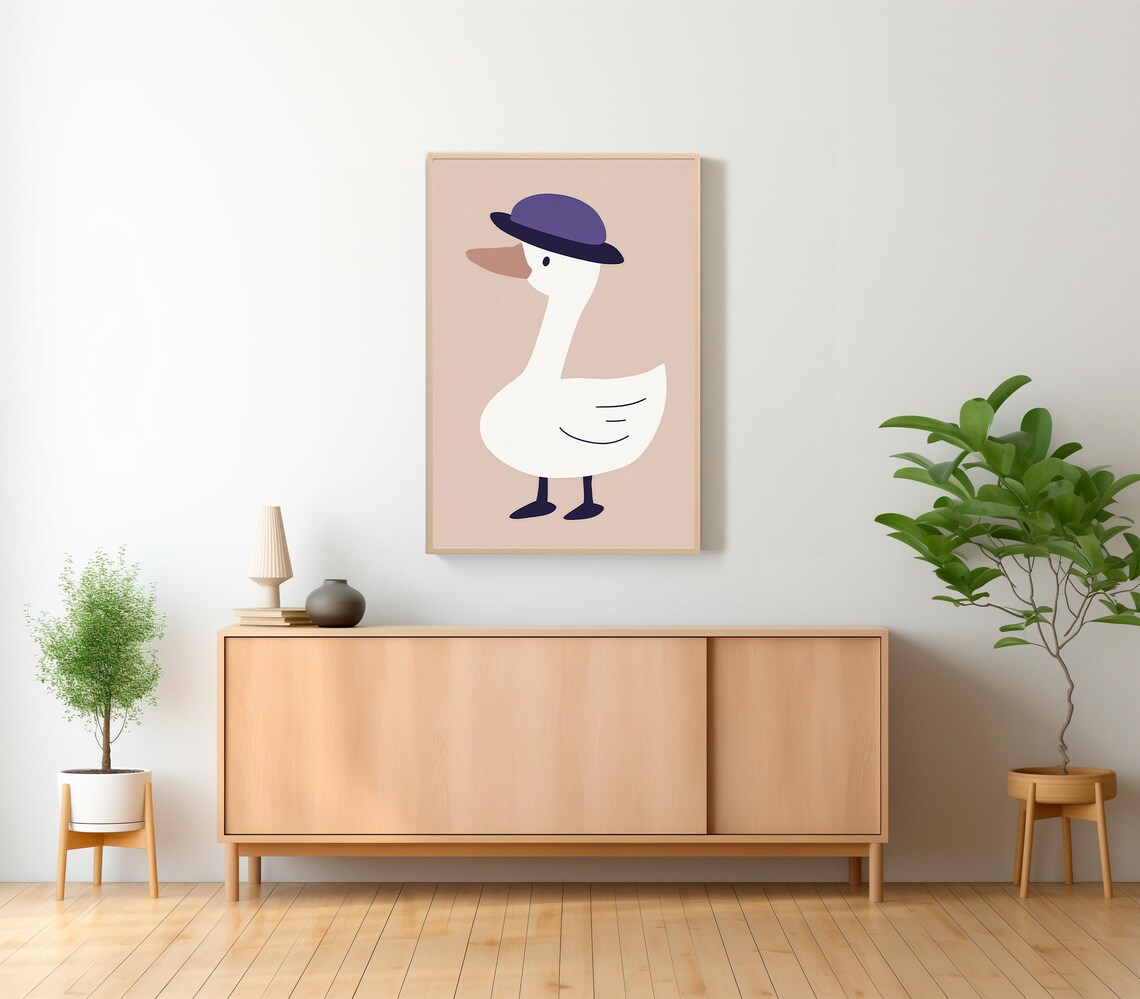 Cute White Goose in Purple Bowler Hat Minimalist Nursery Poster - Image 2