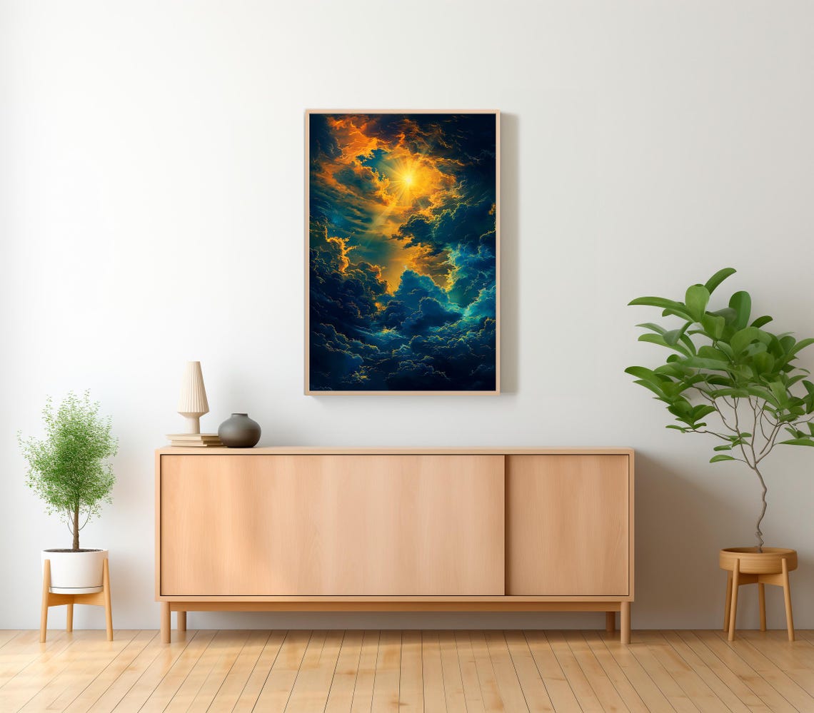 Enchanting Celestial Sun Art Print Vintage Inspired Dark Academia Dark Cottagecore Sun Art Print Daytime Sky Painting - Image 2
