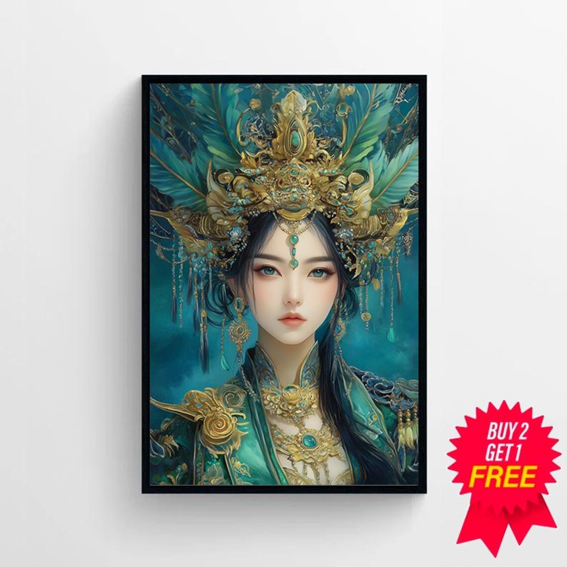 Green Tara Goddess With Peacock Feather Gold Crown Teal Portrait Poster - Image 4