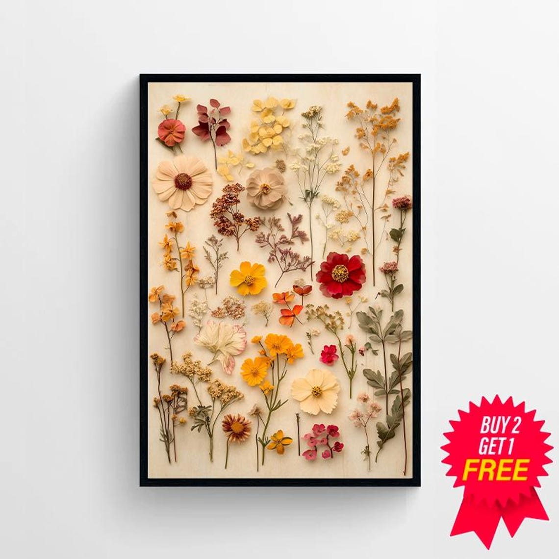 Pressed Wildflowers Arranged in Warm Autumn Tones Botanical Wall Art - Image 4
