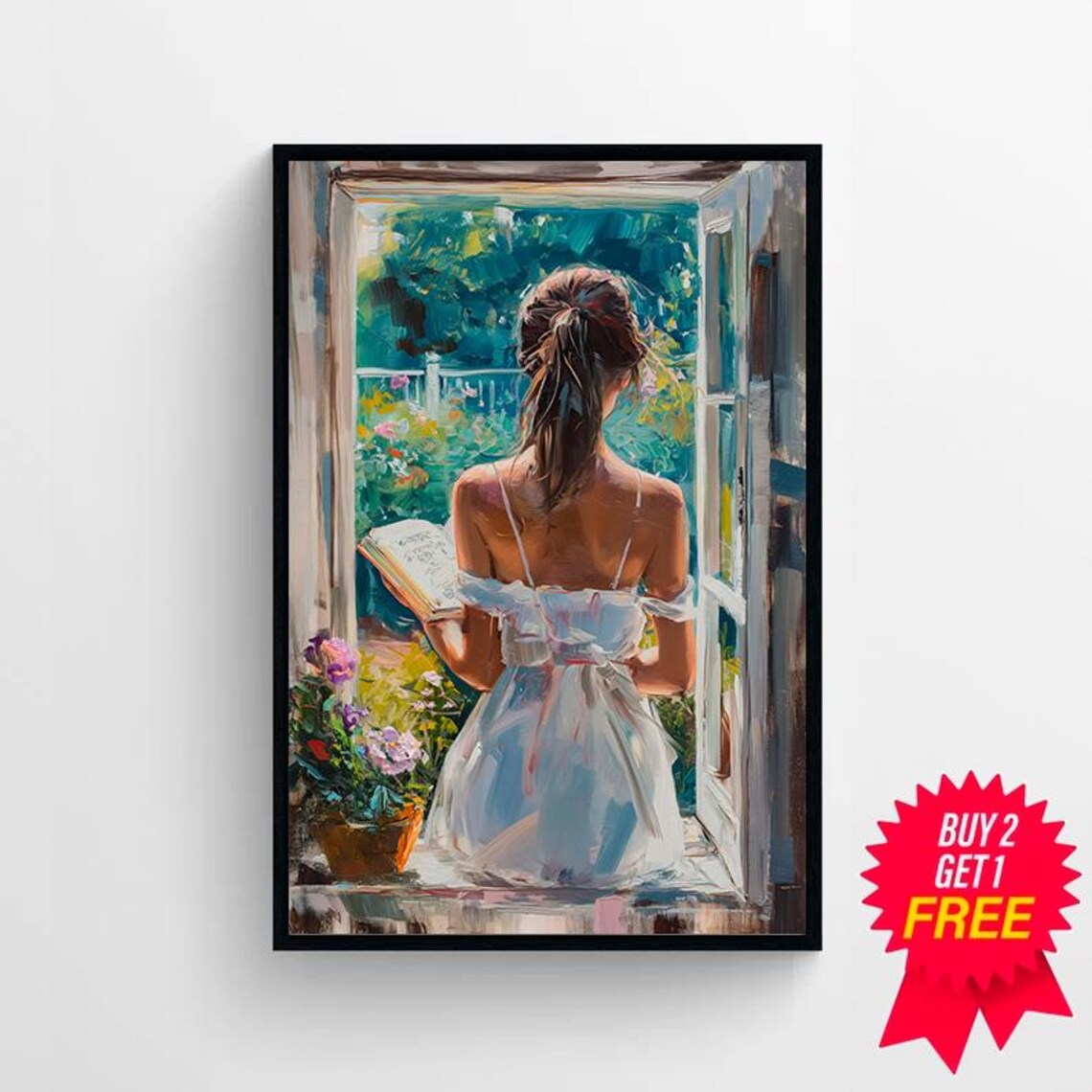 Woman Reading Book By Open Garden Window Impressionist Poster - Image 4