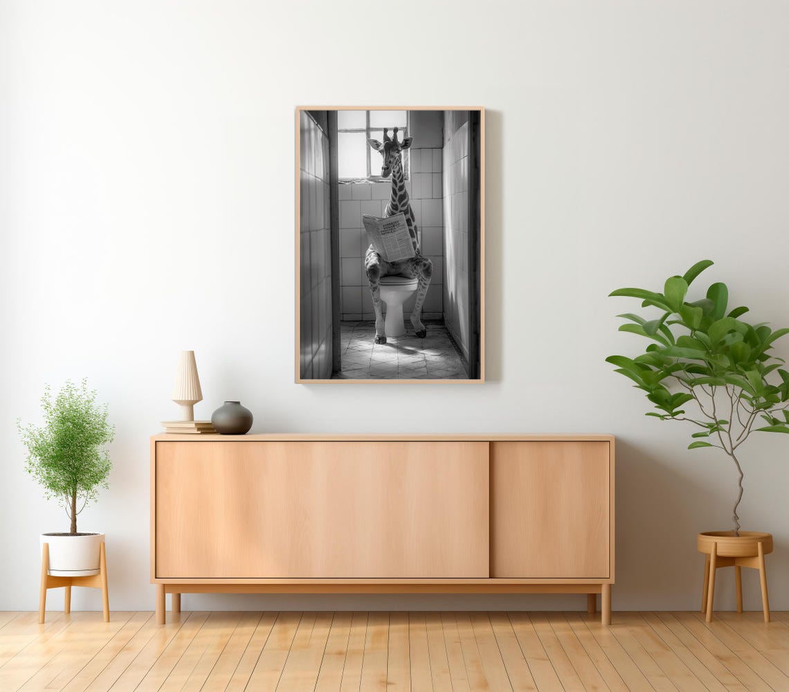Giraffe Reading The Newspaper On The Toilet Humorous B&W Poster - Image 2