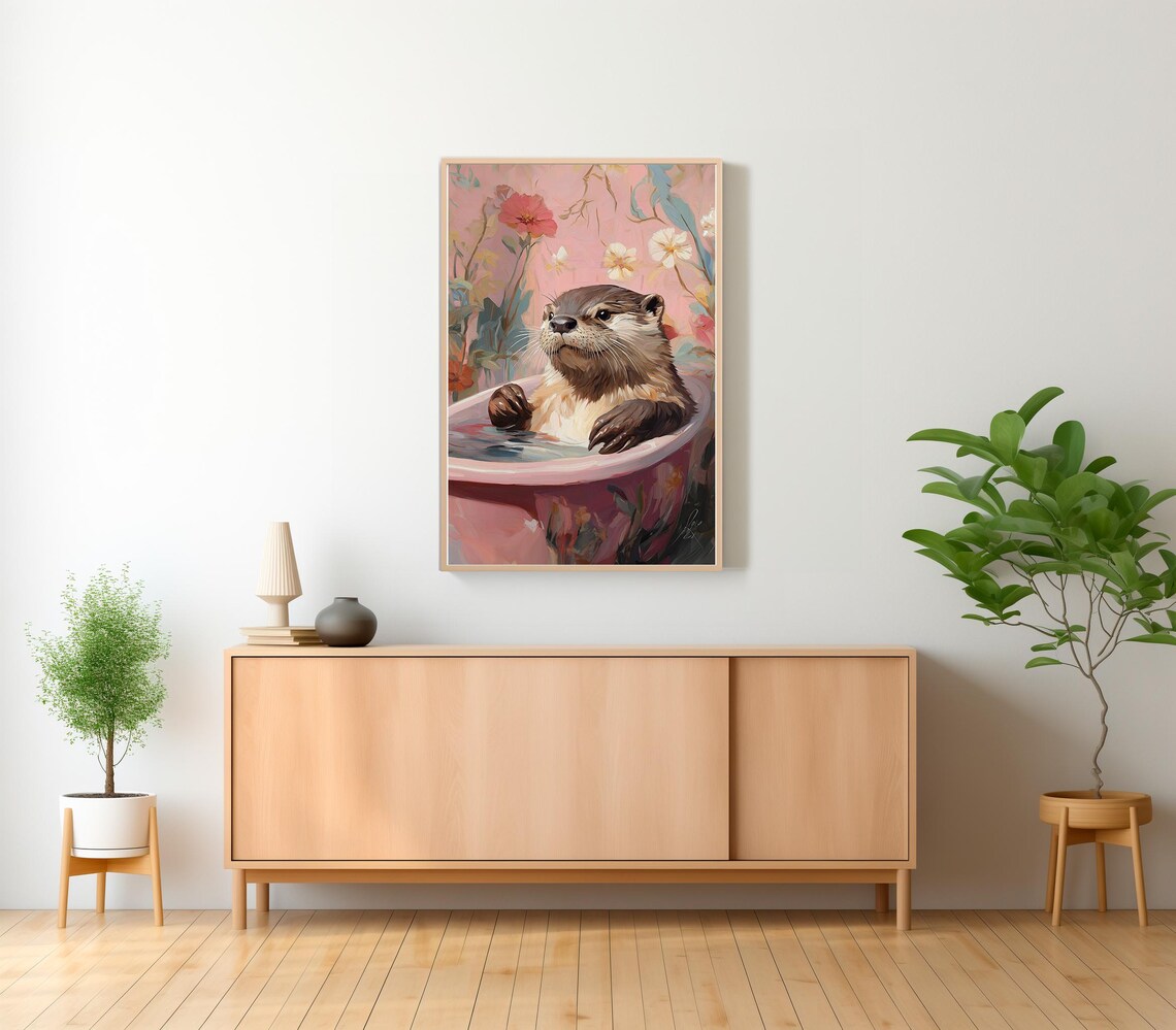 Cute Otter Soaking in a Pink Bathtub with a Pastel Floral Scene Poster - Image 2