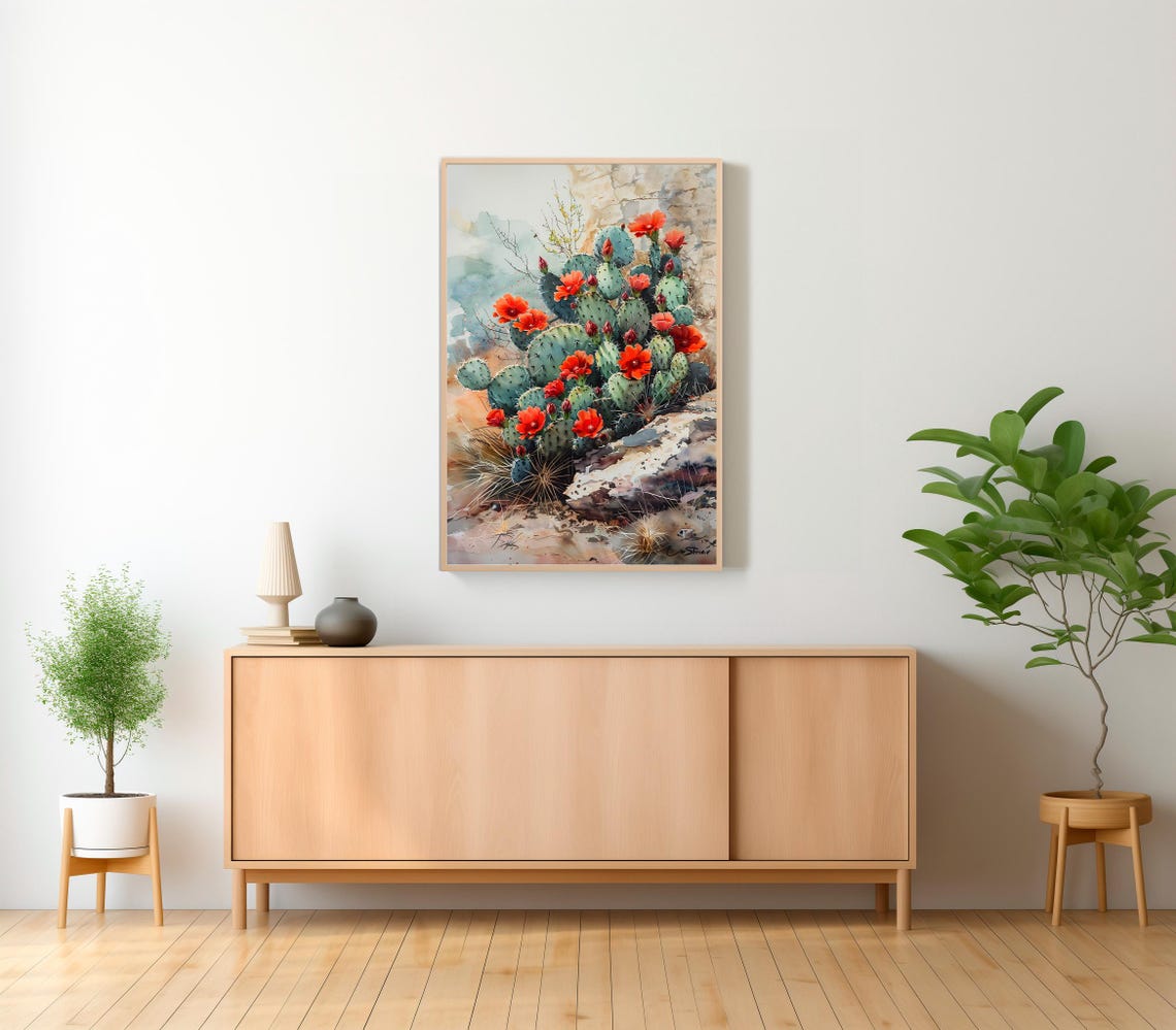 Red Blooming Prickly Pear Cactus by Rocky Cliff Watercolor Poster - Image 2