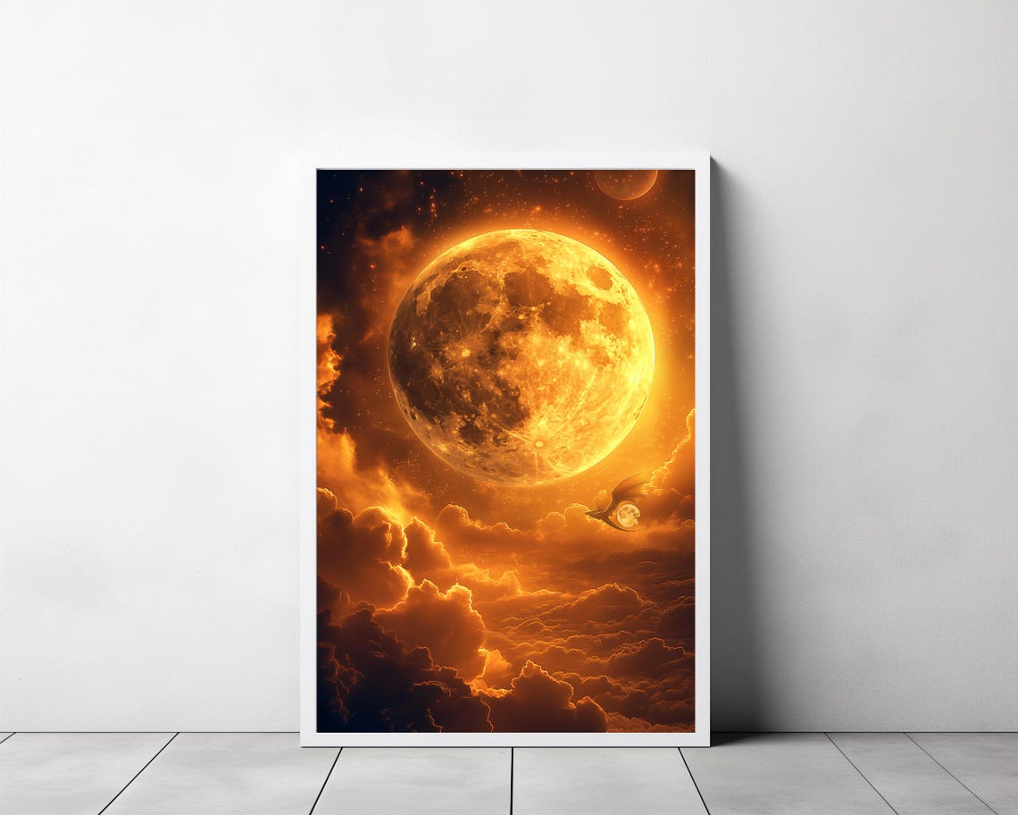 Enchanting Celestial Gold Moon Art Print Vintage Inspired Dark Academia Dark Cottagecore Night Sky Painting - Image 3