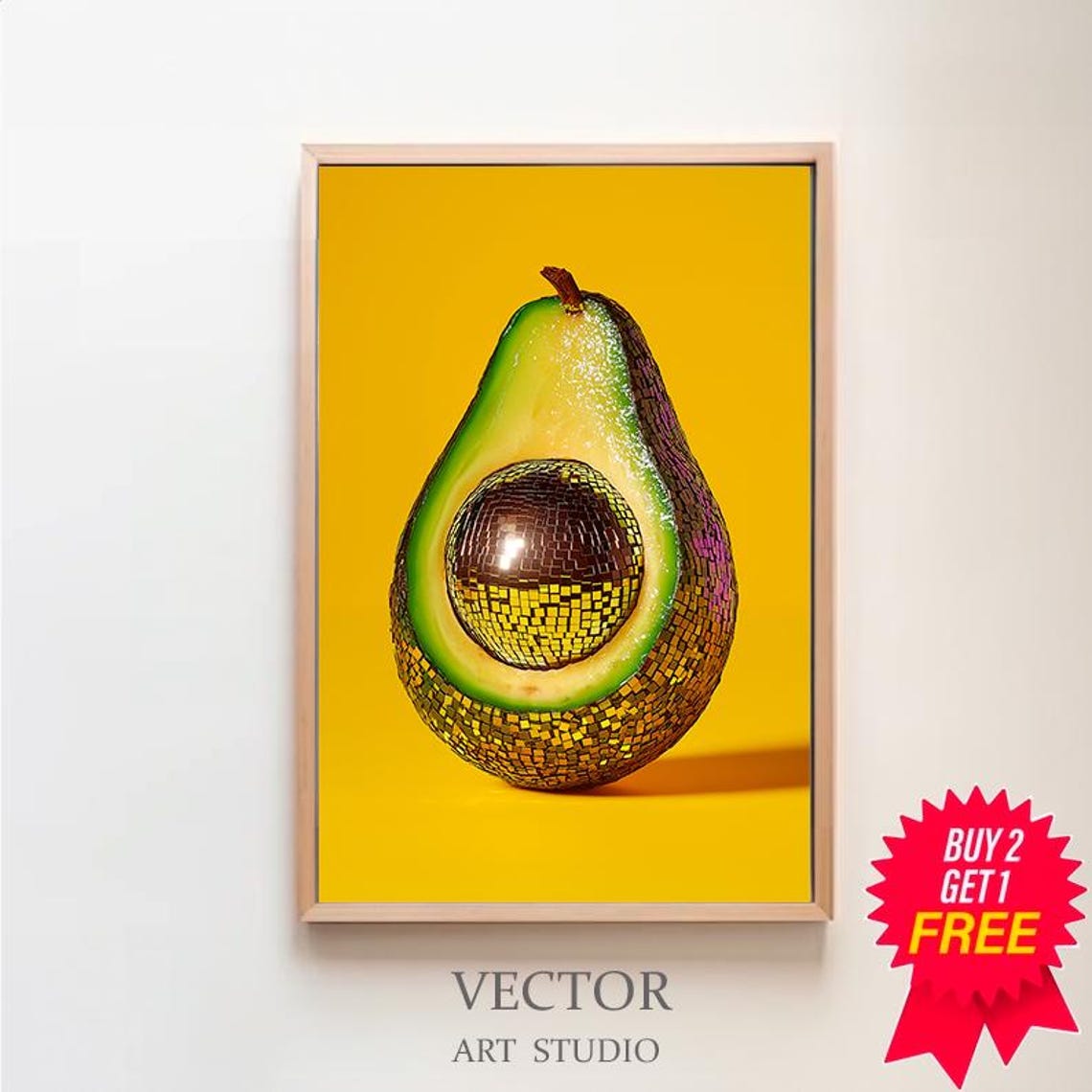 Disco Ball Avocado Still Life Painting on Yellow Background Poster