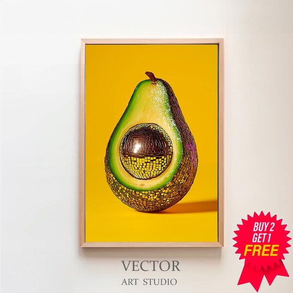 Wall Art Avocado Disco Ball Maximalist Painting Vivid Mirror Ball Girly Kitchen Print Dopamine Dining Room Preppy Food Poster