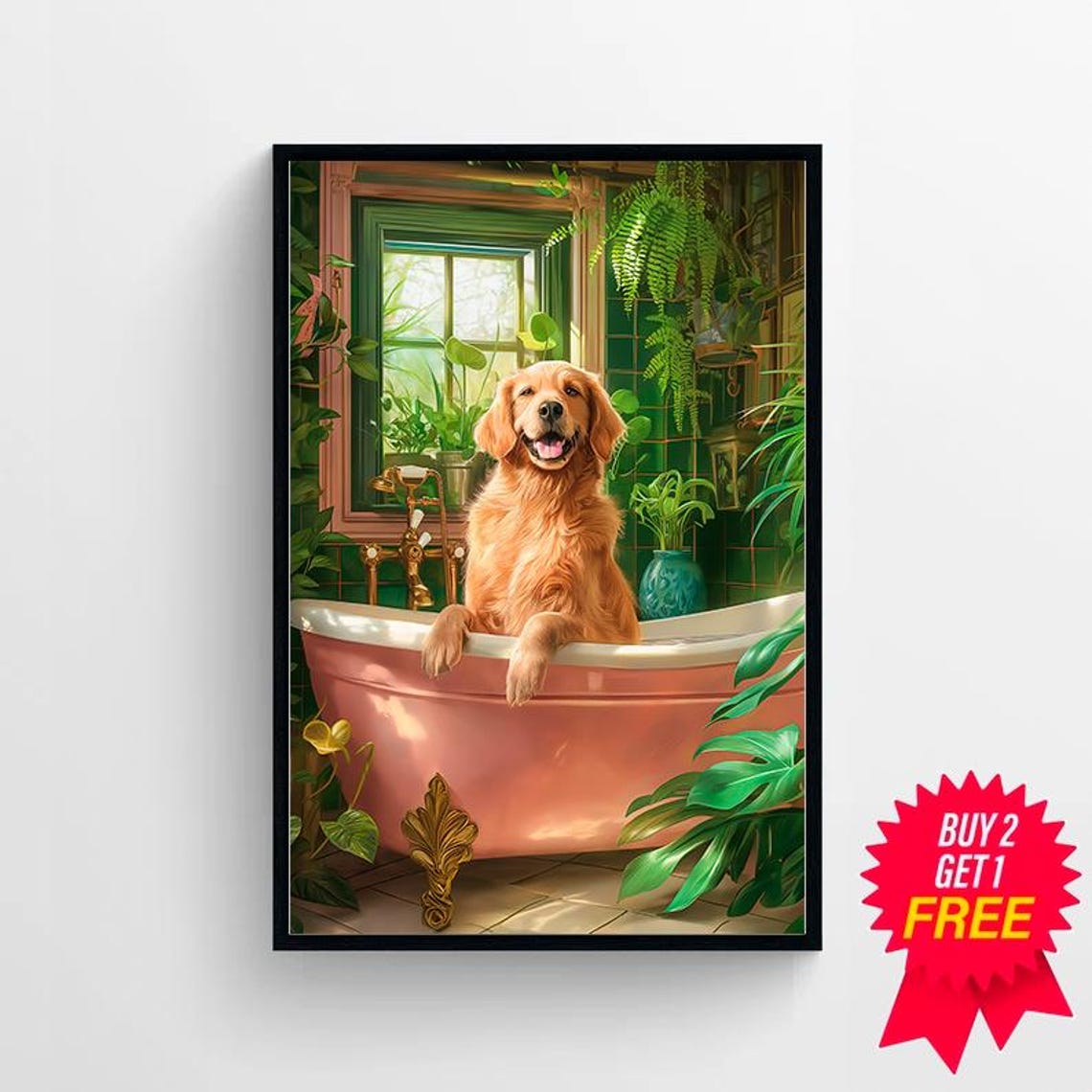 Golden Retriever Soaking in a Pink Bathtub Botanical Bathroom Poster - Image 4
