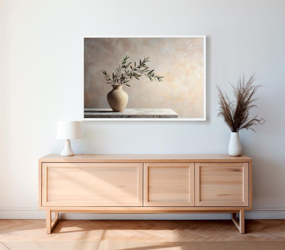 Clay Vase With Olive Sprigs On Marble Ledge Still Life Poster - Image 2