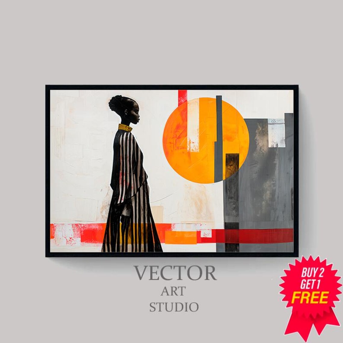 Elegant Woman Silhouette with Orange Sun Abstract Geometric Modern Art Poster - Image 4