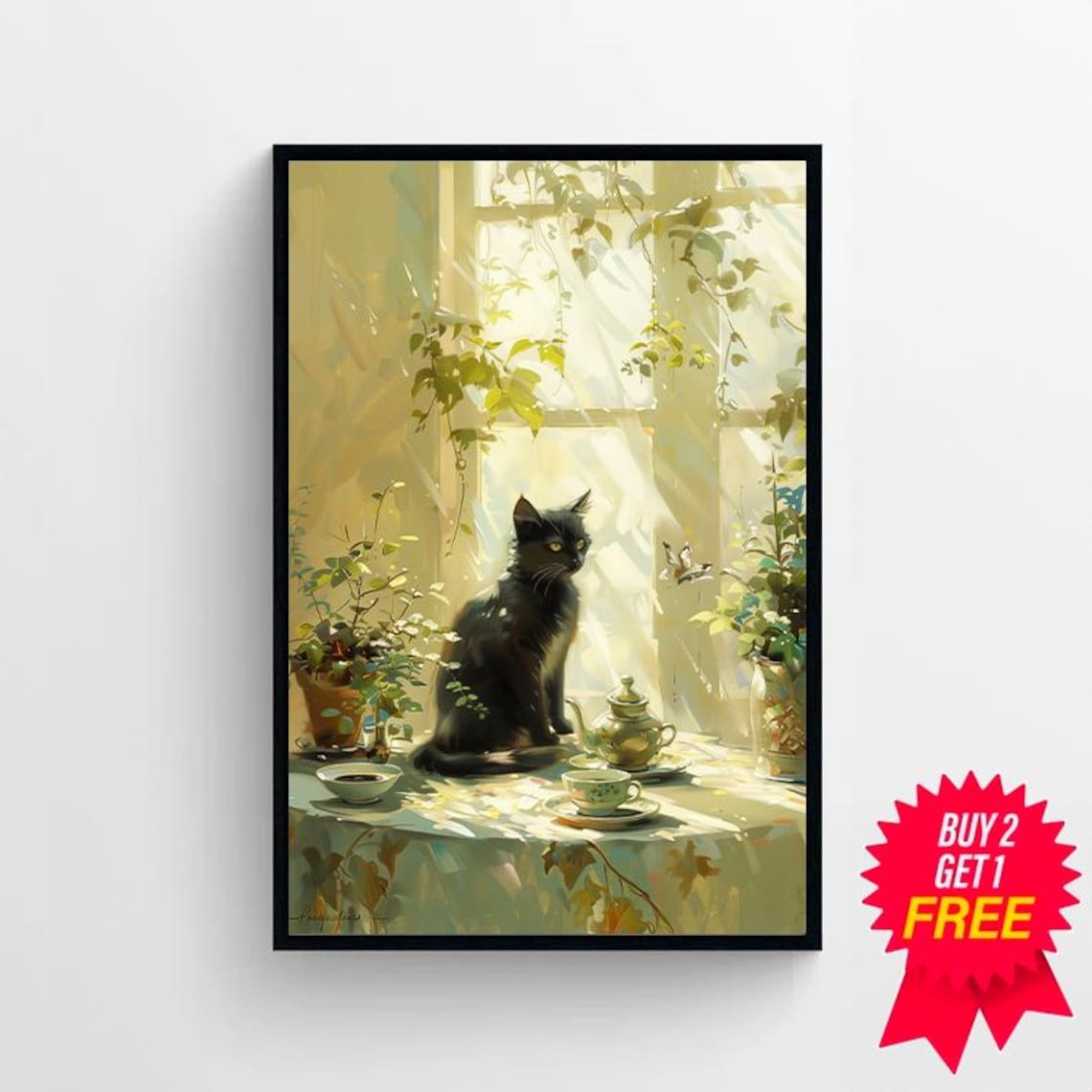 Retro Black Cat Coffee Print, Vintage Tea Cups Art Print - Image 4