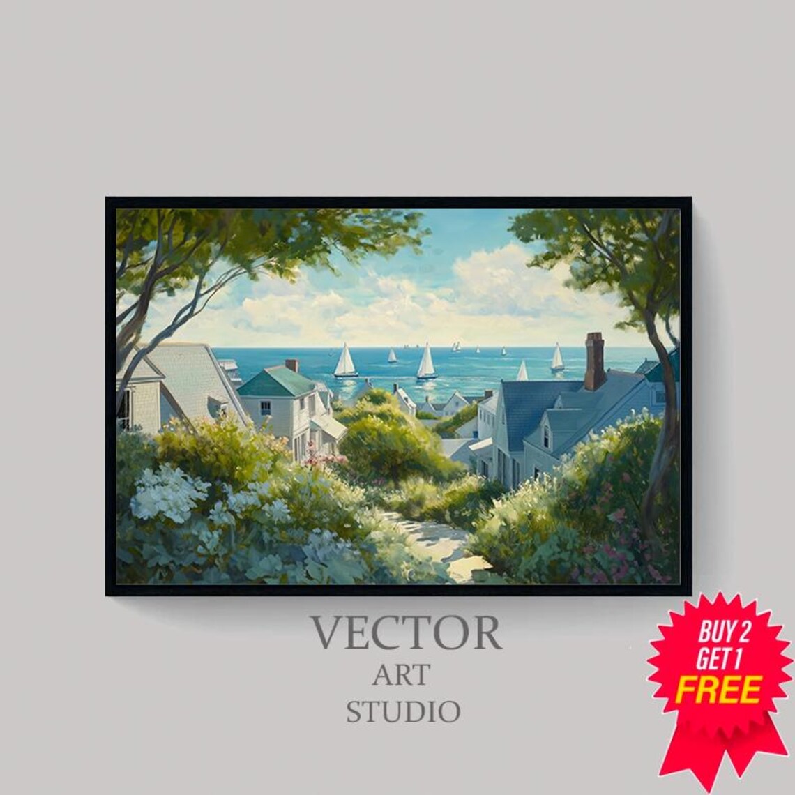 Charming Coastal Town With Sailboats On A Bright Summer Day Poster - Image 4