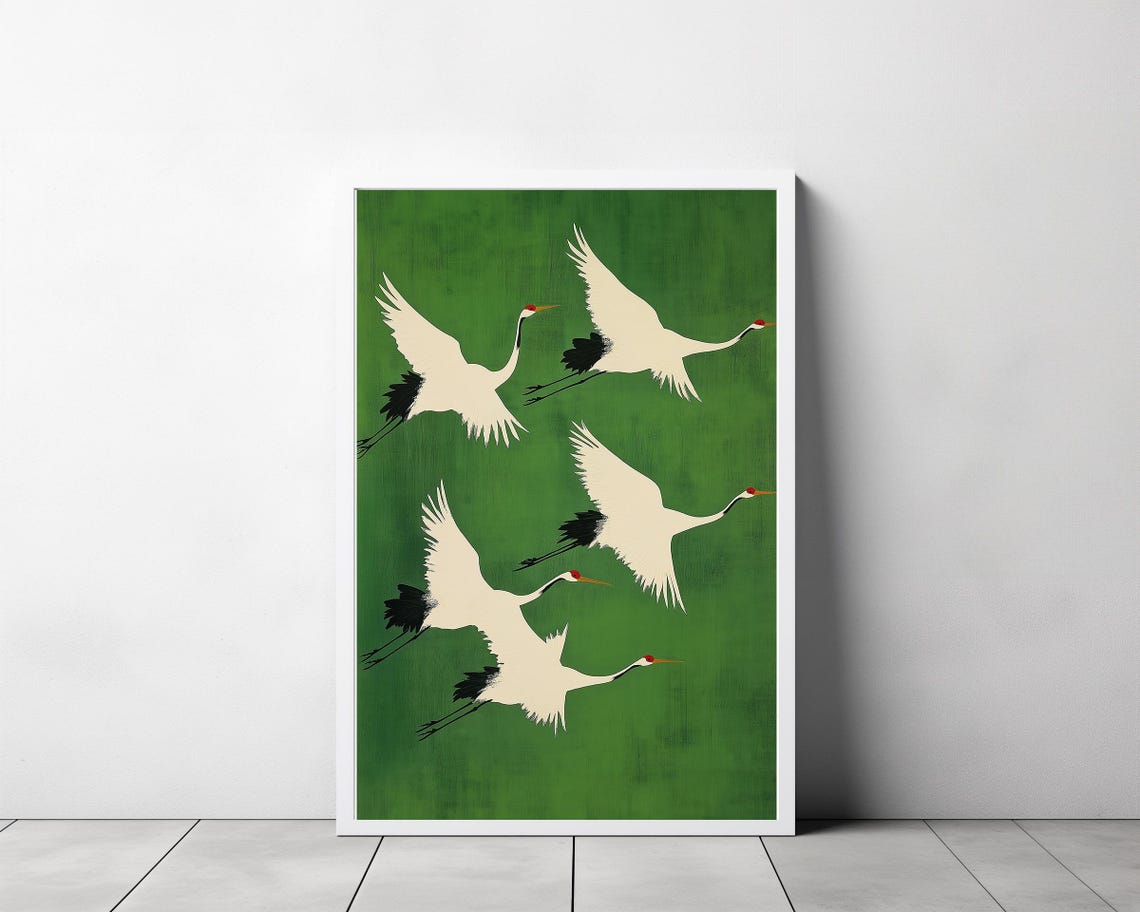 Four Japanese Red-Crowned Cranes in Flight on Emerald Poster - Image 3