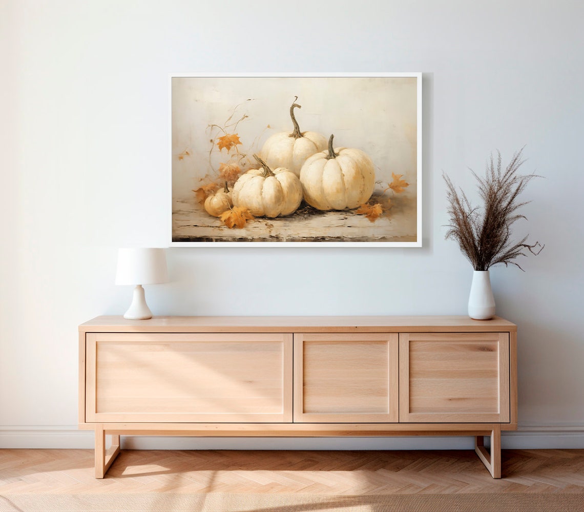 White Pumpkin Still Life with Fall Leaves Rustic Autumn Poster - Image 2