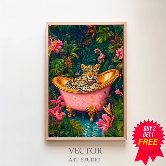 Wall Art Leopard In A Bathtub Maximalist Oil Painting Colorful Trendy Kitsch Bathroom Print Vivid Bold Dopamine Animal Picture