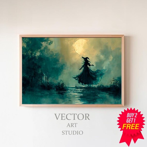 Witch Silhouette in a Misty Moonlit Swamp Spooky Halloween Poster