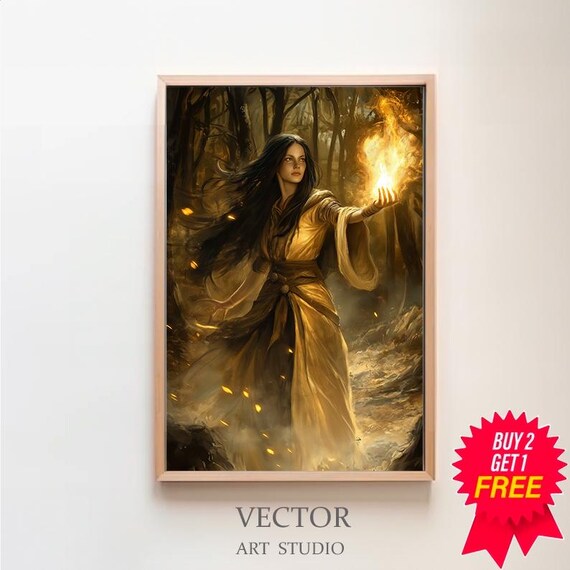 Fire Witch Sorceress Conjuring Golden Flames in Dark Forest Occult Art Poster