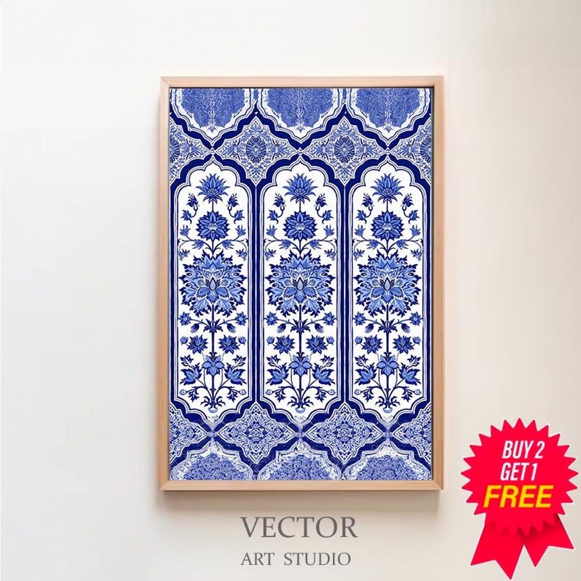 Royal Blue and White Indian Mughal Floral Arch Pattern Poster