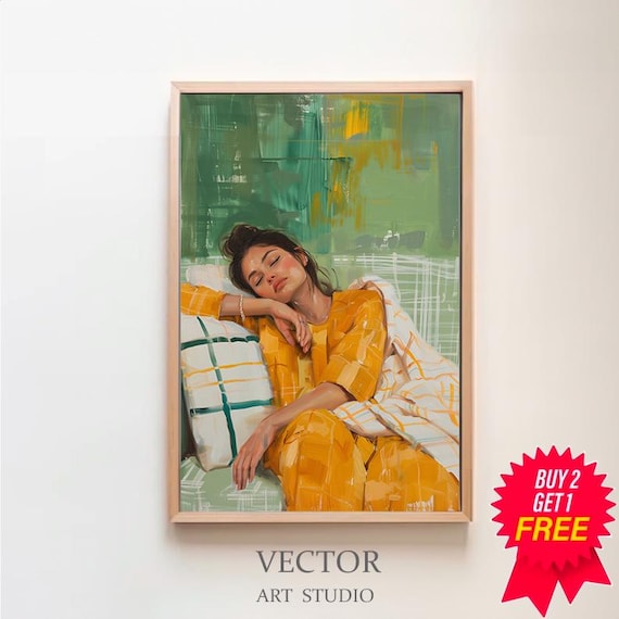Woman in Mustard Pajamas Resting Peacefully on a Pillow Poster