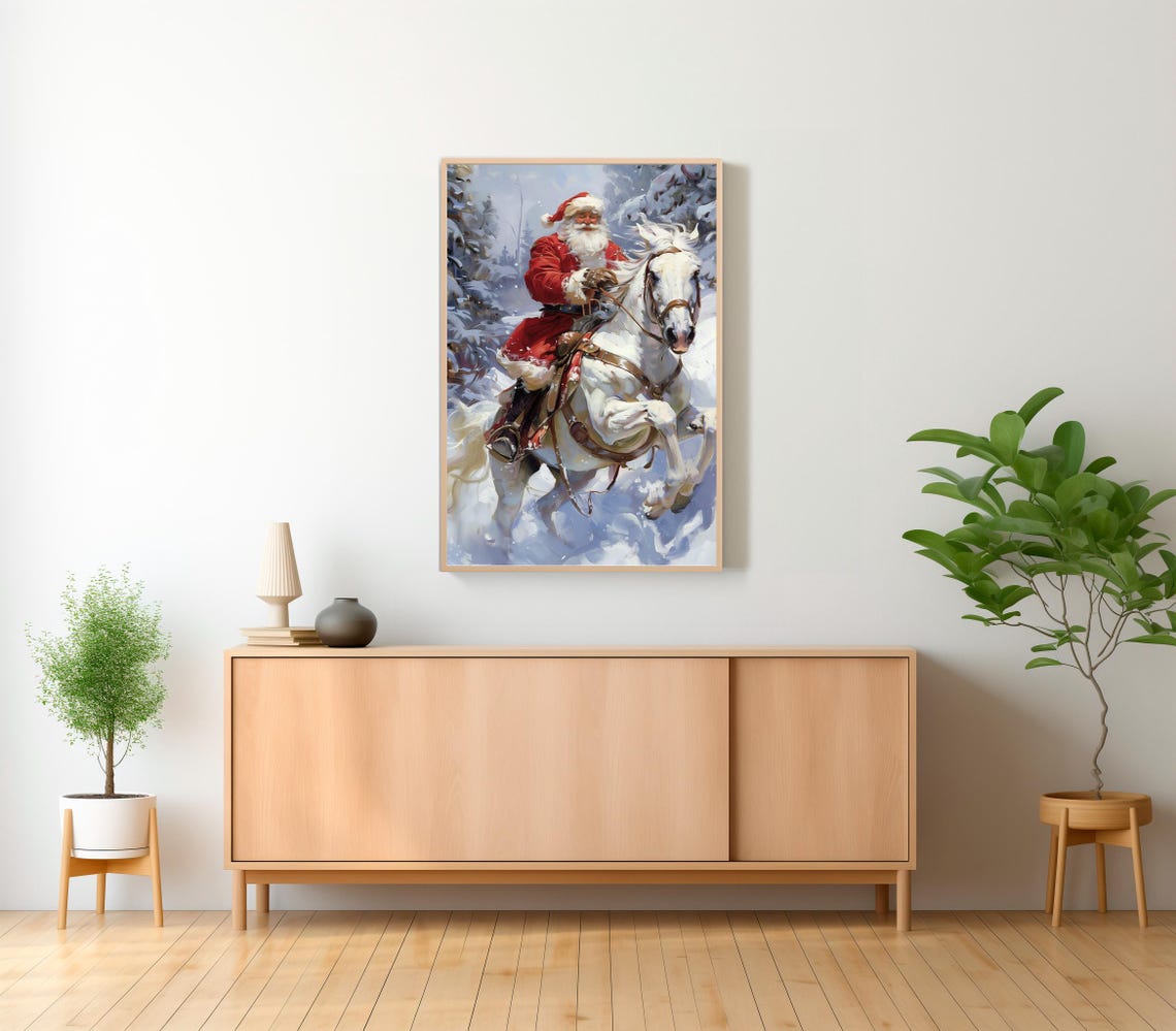 Santa Claus Riding White Horse Through a Snowy Forest Poster - Image 2
