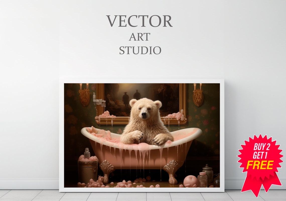 Light Brown Bear Cub in Pink Bubble Bath Vintage Bathroom Art Poster - Image 3