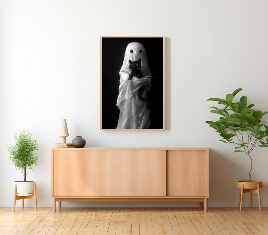 Ghost Holding A Black Kitten On Black Background Halloween Poster - Image 2