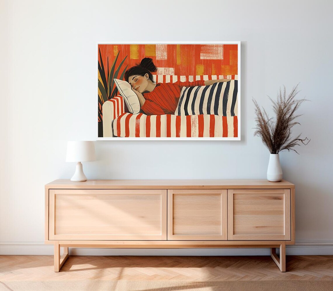 Modern Abstract Wall Art Woman On Red Orange Striped Couch Unique Line Drawing Large Print For Vibrant Home Decor - Image 2