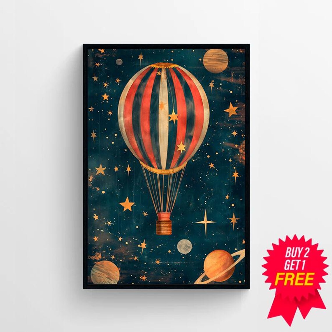 Red Striped Hot Air Balloon Moonlit Sky Vintage Nursery Poster - Image 4