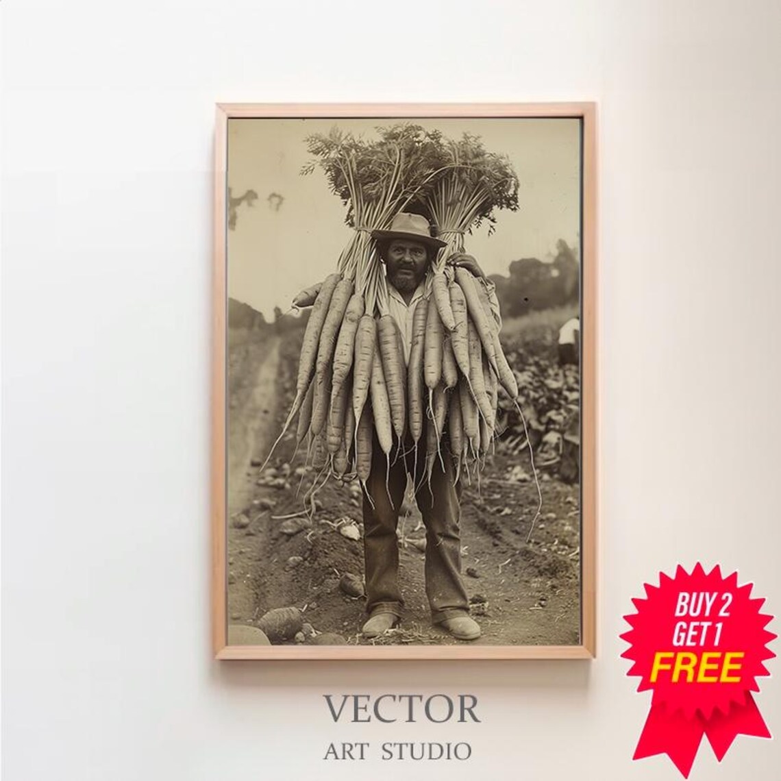 Vintage Farmer Holding Giant Carrots Antique Farm Photography Poster