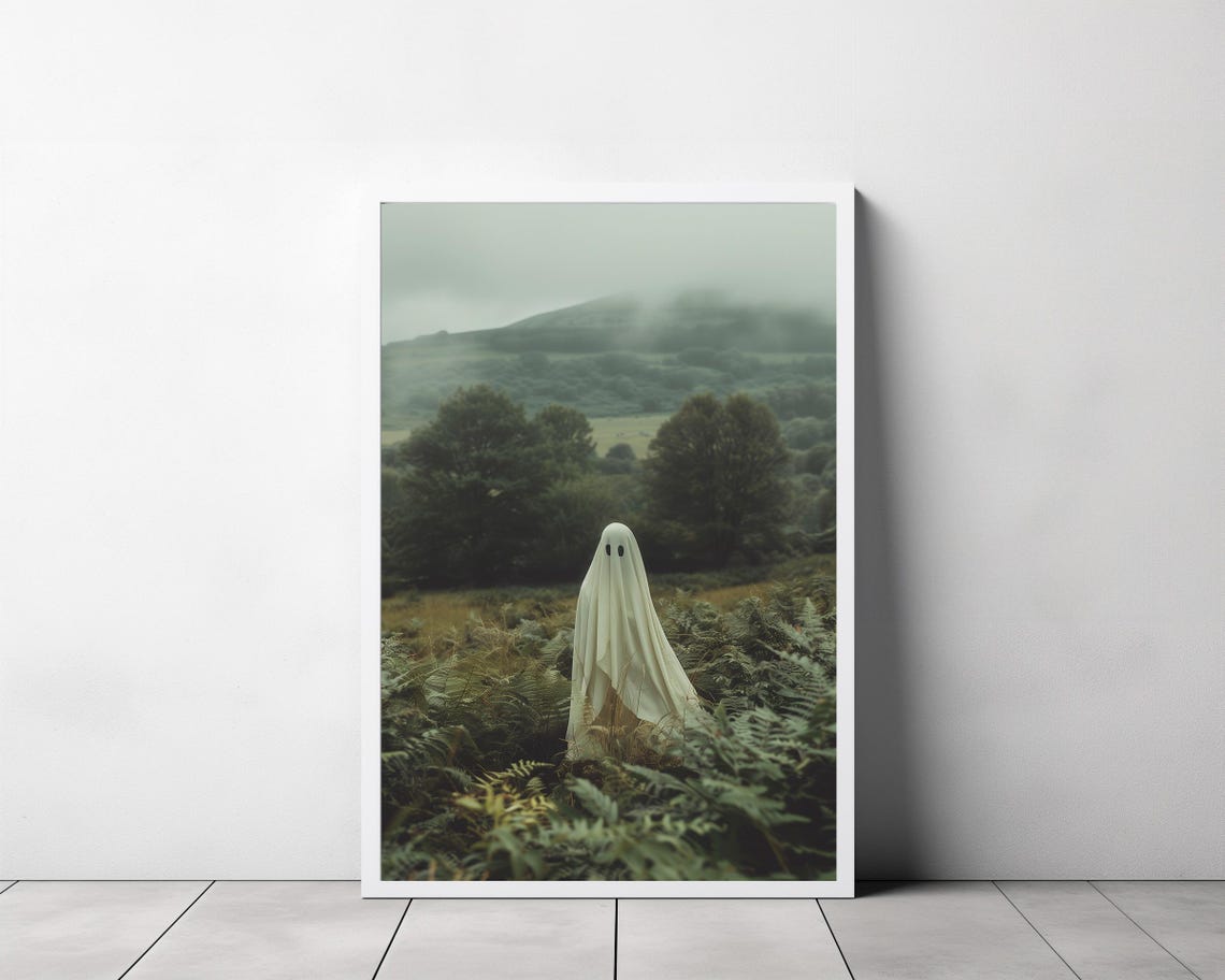 Cute Ghost in a White Sheet Standing in a Misty Forest Poster - Image 3