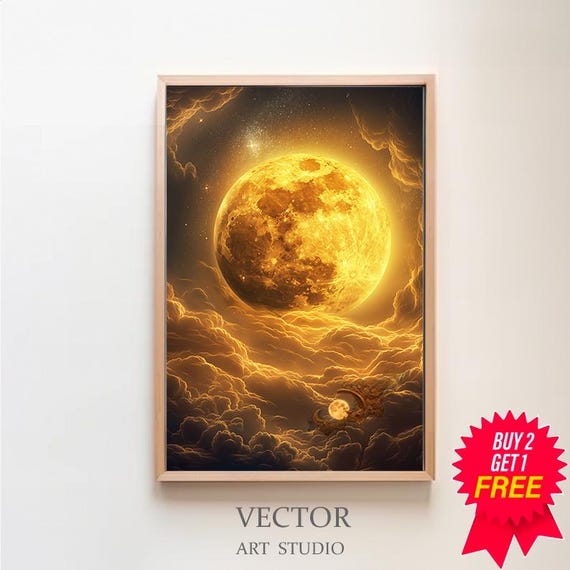 Enchanting Celestial Gold Moon Art Print Vintage Inspired Dark Academia Dark Cottagecore Night Sky Painting