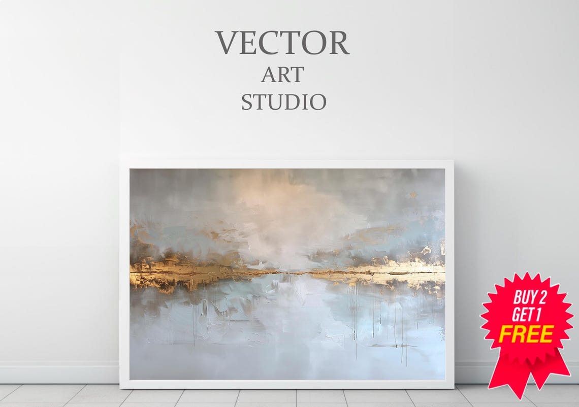 Minimalist Abstract Horizon with Gold Line in Grey Painting Poster - Image 3
