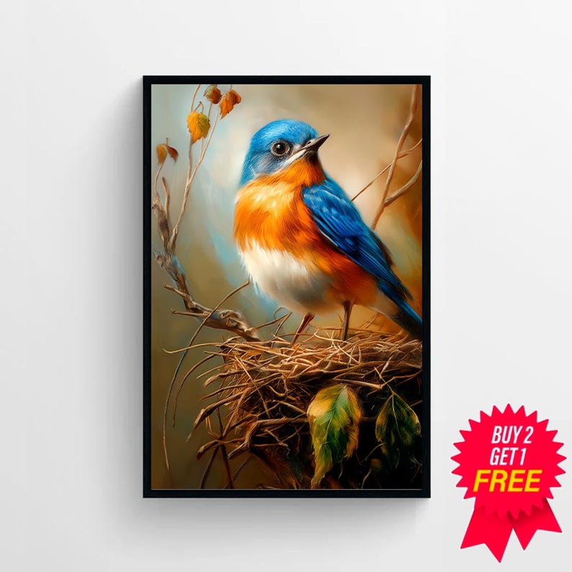 Eastern Bluebird Perched in Nest Among Autumn Leaves Bird Art Poster - Image 4