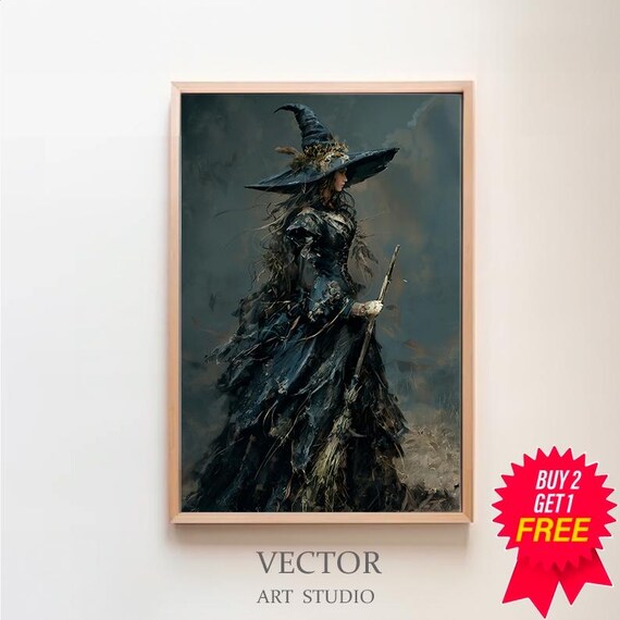 Haunting Witch in Profile with Broom Tattered Dress Halloween Poster