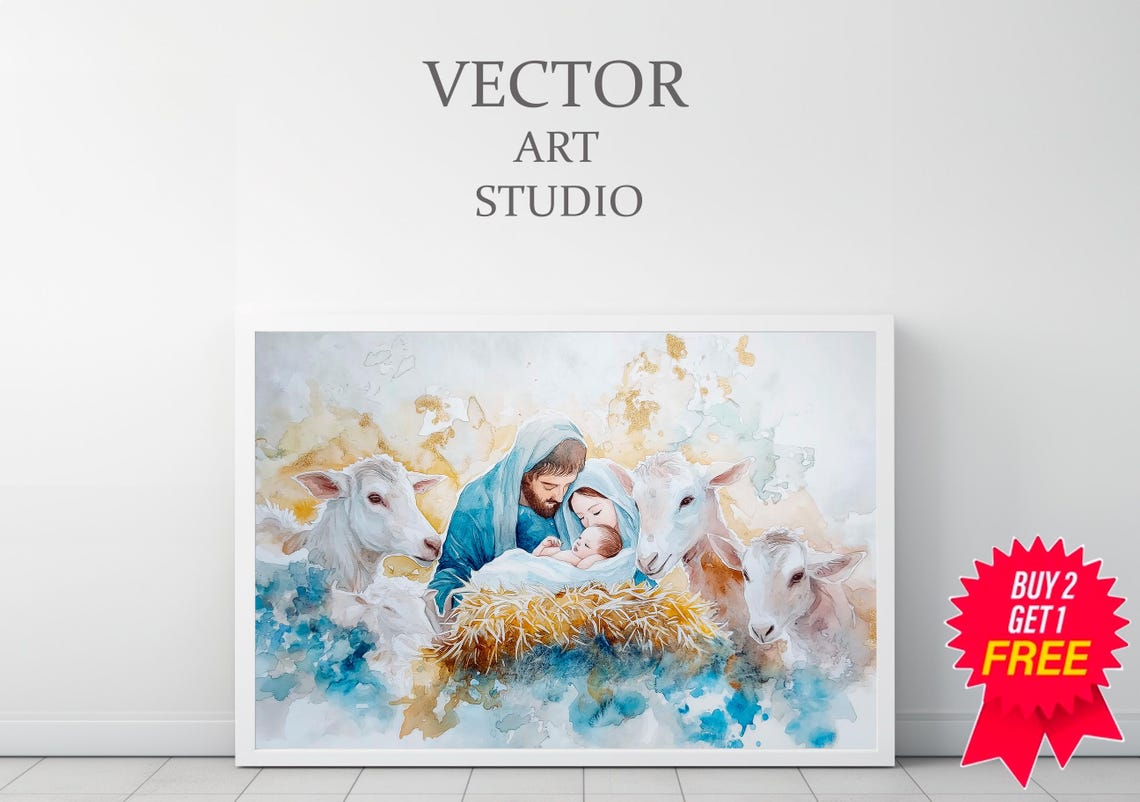 Soft Pastel Watercolor Nativity Scene With Animals Christmas Art Print - Image 3