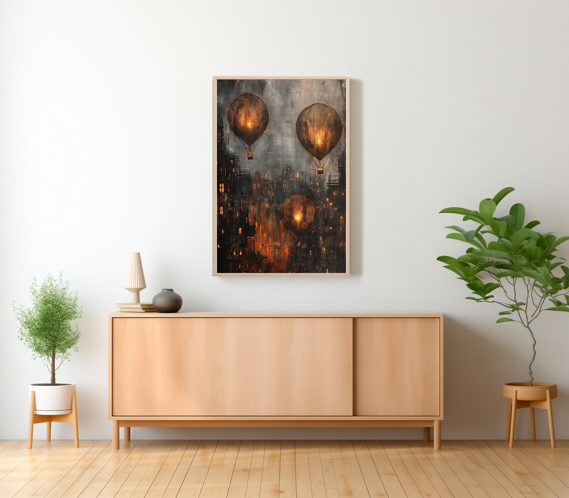Three Glowing Amber Hot Air Balloons Over Foggy City Night Poster - Image 2