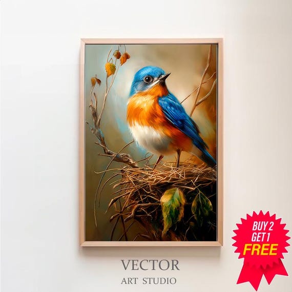 Vintage Bluebird Bird Print Antique Bird Wall Art Moody Vintage Decor Oil Painting Living Room Art