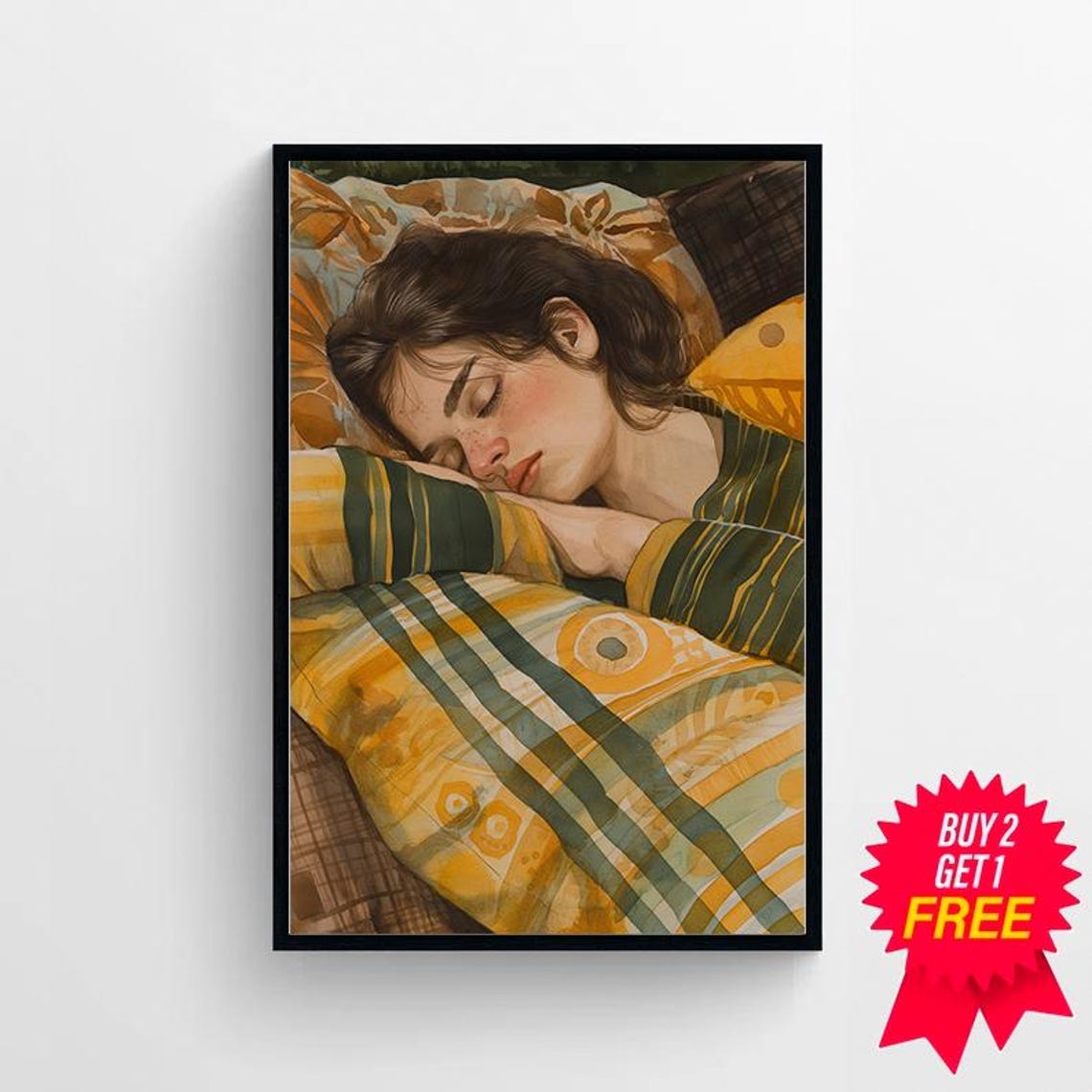 Woman Sleeping Peacefully Under a Patterned Green Quilt Poster - Image 4