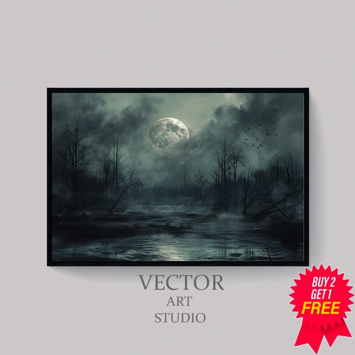 Spooky Full Moon Swamp With Bats And Bare Trees Gothic Poster - Image 4