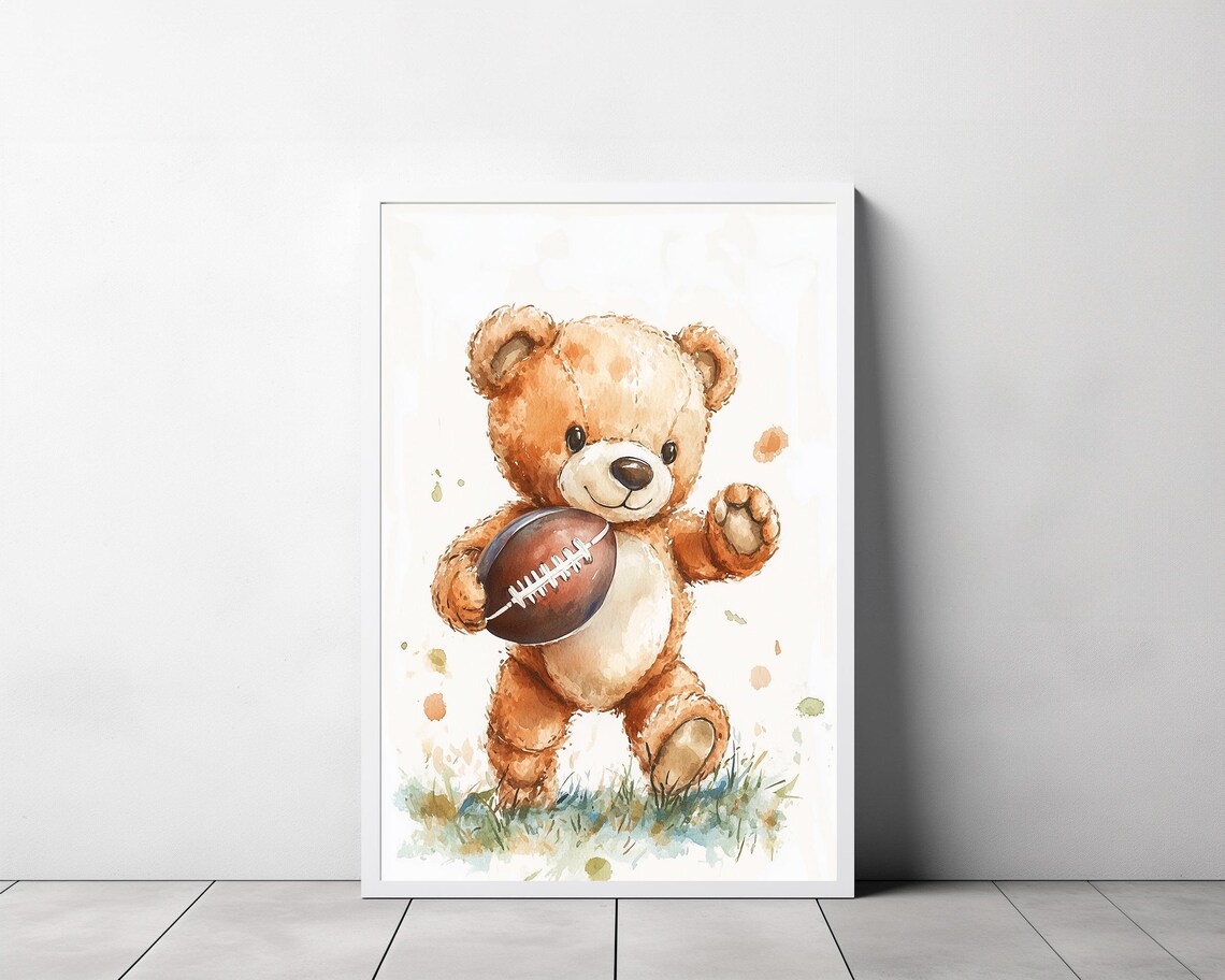 Teddy Bear Running American Football Watercolor Nursery Poster - Image 3