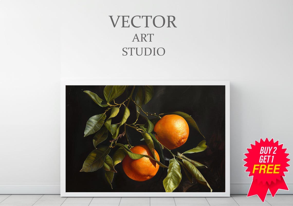 Two Ripe Oranges on Leafy Branch Moody Dark Still Life Poster - Image 3