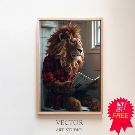 Funny Lion in Plaid Shirt Reading Newspaper on Toilet Bathroom Poster
