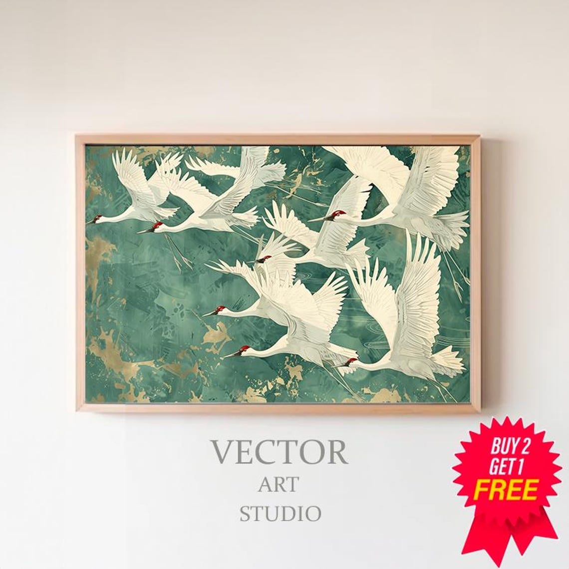 Elegant White Cranes Soaring Over a Jade Green Chinoiserie Wall Poster