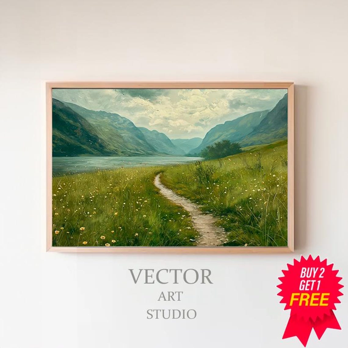 Green Valley Winding Path to Misty Mountain Lake Landscape Poster