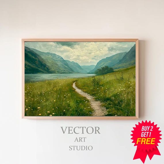 Rustic Country Field Artwork Perfect For Home Refresh Vintage Landscape Mountain Spring Meadow Painting